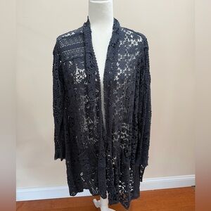 Johnny Was Blue Crochet Lace 100% Cotton Open Front Duster Cardigan Top Sz. XL